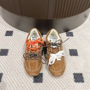 Miu Miu Brown Sneakers with Orange and White Laces